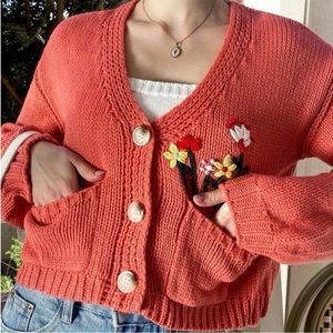 Floral Embroidery Drop Shoulder Cardigan